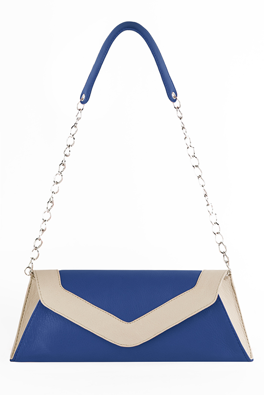 Electric blue and champagne white women's slingback shoes. Pointed toe. Medium slim heel. Worn view - Florence KOOIJMAN